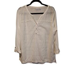 Kim Rogers White Lace Pullover Button LS Blouse XL Career Coastal Beach Festival